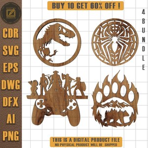 4-Design Silhouette Bundle: T-Rex, Spider, Gamer Controller, Bear Paw (Digital Download)