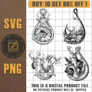 Może przedstawiać: Czarno-białe pliki grafiki cyfrowej z szczegółowymi ilustracjami jeleni, ptaków i innych dzikich zwierząt w dekoracyjnych kształtach. Obraz zawiera tekst "SVG", "PNG" i "BUY 10 GET 60% OFF!"