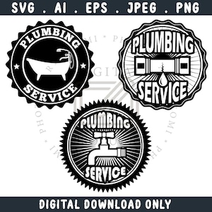 Peut inclure: Logos de services de plomberie en noir et blanc avec une baignoire, des tuyaux et un robinet. Les logos sont circulaires avec une bordure en forme d'étoile et les mots "PLUMBING SERVICE". Le texte "DIGITAL DOWNLOAD ONLY" est en bas.
