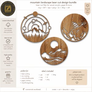 May include: A digital product bundle featuring three circular mountain landscape designs for laser cutting. The designs include a solar system with mountains, a planet with rings over mountains, and a simple mountain range with a circular cutout.
