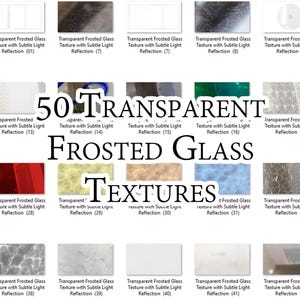 May include: A collection of 50 transparent frosted glass textures with subtle light reflections. The image displays various textures, including those with subtle patterns and colour variations, ideal for digital design projects.