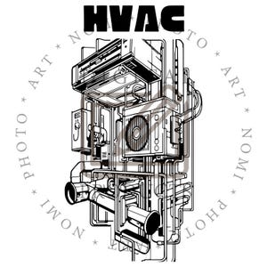 Könnte beinhalten: Schwarz-Weiß-Illustration eines HLK-Systems (Heizung, Lüftung, Klimatechnik) mit dem Wort "HVAC" oben. Das Bild zeigt Klimaanlagen, Rohre und elektrische Kästen. Die Wörter "PHOTO ART NOMI IWON" sind kreisförmig um das Bild angeordnet.