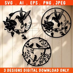 May include: Three black metal wall art designs featuring birds and floral elements. Two designs showcase hummingbirds with flowers, while the third depicts birds perched on branches. The text "3 DESIGNS DIGITAL DOWNLOAD ONLY" is at the bottom.