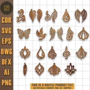 May include: A collection of wooden cutouts in various shapes, including wings, teardrops, butterflies, and floral designs. The cutouts are light brown and appear to be laser-cut. Text on the left side indicates file formats: CDR, SVG, EPS, DWG, DFX, AI, and PNG. The bottom text reads: THIS IS A DIGITAL PRODUCT FILE NO PHYSICAL PRODUCT WILL BE SHIPPED.