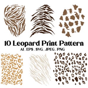 May include: Ten leopard print patterns in diverse designs and colours. The patterns include brown and tan animal print designs, with the text "10 Leopard Print Pattern" and file type information.