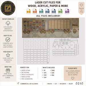 May include: Digital laser cut files for a wooden truck-shaped display shelf with multiple compartments for toy cars. Includes AI, EPS, SVG, DXF, DWG, CDR, and PNG file formats. The design features a truck cab and a long trailer with grid shelving.
