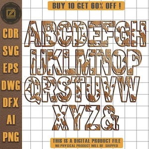 Puede incluir: Letras del alfabeto de madera con diseños de animales, incluyendo jirafas, monos y pájaros. Las letras están recortadas y tienen un aspecto de veta de madera natural. La imagen también incluye el texto "BUY 10 GET 60% OFF!" y "THIS IS A DIGITAL PRODUCT FILE NO PHYSICAL PRODUCT WILL BE SHIPPED."