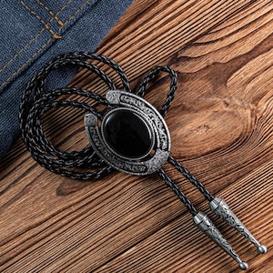 Bolo Tie - Western Bolo Tie for Him, Leather Necktie Accessories Black Necklace, Black Stone Bolo Tie, Wedding Bolo Tie, Father&#39;s Day Gift