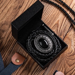 Wedding Bolo Ties, Southwestern Black Stone Bolo Tie, Bolo Tie - Gif for Husband, Bolo Tie with Leather Cord, Western Cowboy Ties for Him