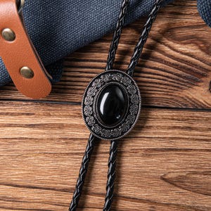 Bolo Tie with Leather Cord, Western Cowboy Ties, Retro Accessories for Husband, Black Stone Bolo Tie, Wedding Gifts