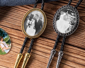 Corbata bolo personalizada con foto, cordón de cuero, regalo de boda personalizado