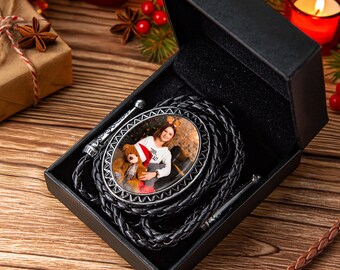 Corbata bolo con foto personalizada, cordón de cuero personalizado, regalo de Navidad