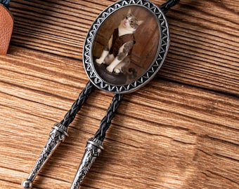 Corbata de bolo personalizada para mascotas con foto, corbata de bolo de vaquero, accesorios de cuero para corbata, corbata de bolo con foto personalizada hecha a mano, regalos personalizados