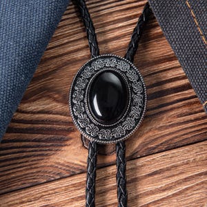 Wedding Bolo Tie - Western Gifts for Him, Leather Necktie Accessories Black Necklace, Black Stone Bolo Tie, Wedding Gifts