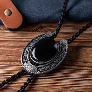 Bolo Tie - Western Bolo Tie for Him, Leather Necktie Accessories Black Necklace, Black Stone Bolo Tie, Wedding Bolo Tie, Gift for Him