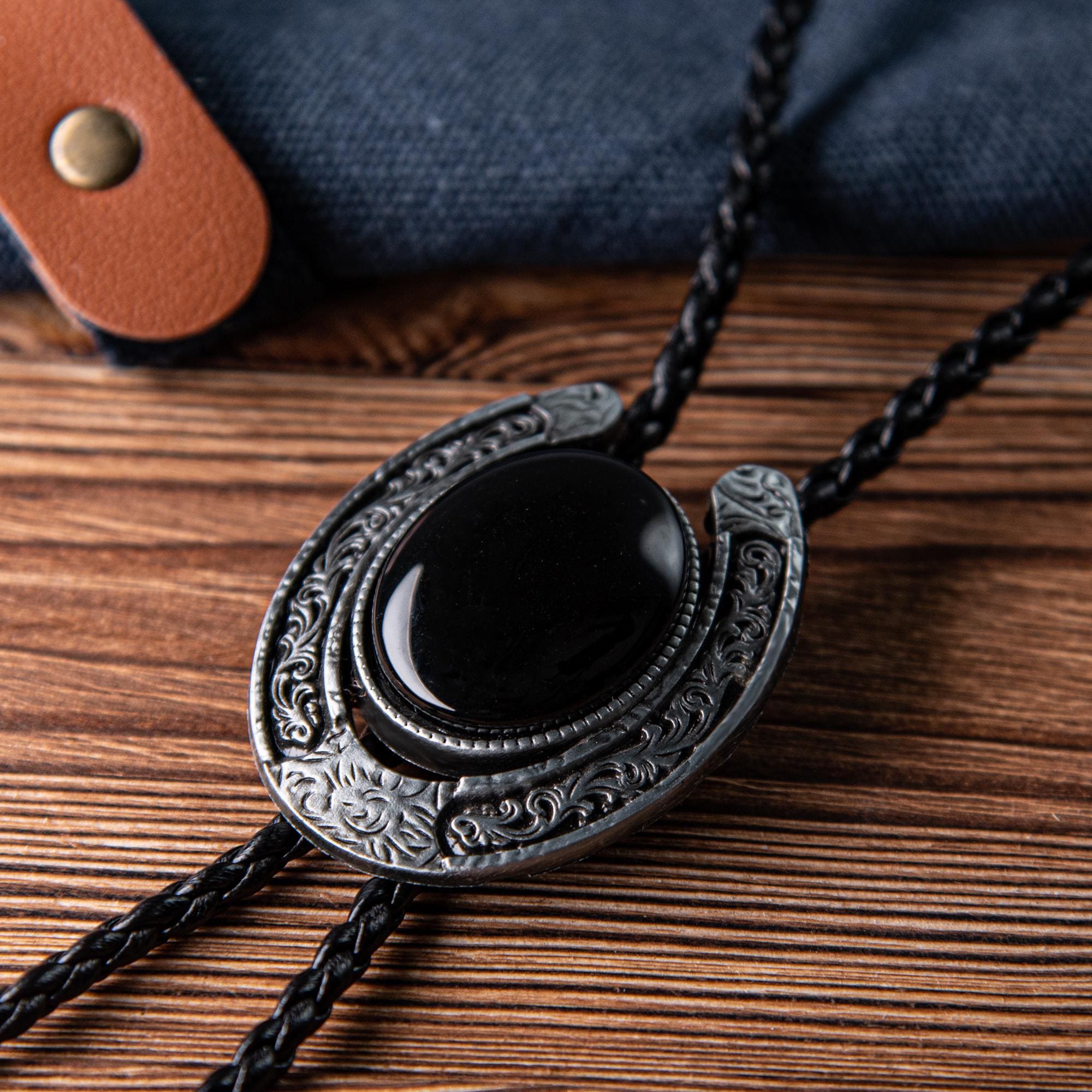 Handmade Vintage Style Bolo Tie - Black Gemstone Western Necktie