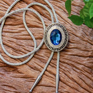 Handmade Dark Blue Stone Bolo Tie: Silver-Toned Wedding Jewelry