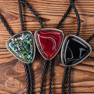 Wedding Bolo Tie, Women&#39;s Bolo Tie with Leather Cord, Handmade Black Stone Bolo Tie - Gifts for Her, Women&#39;s Necklace, Party Accessories