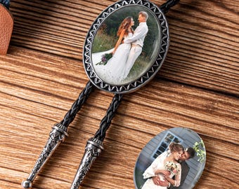 Personalized Photo Bolo Tie, Custom Wedding Bolo Ties, Western Leather Necktie, Wedding Gift