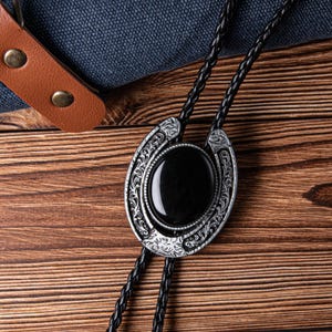 Bolo Tie - Western Bolo Tie for Him, Leather Necktie Accessories Black Necklace, Black Stone Bolo Tie, Wedding Bolo Tie, Gift for Dad