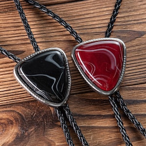 Wedding Bolo Tie, Women&#39;s Bolo Tie with Leather Cord, Handmade Black Stone Bolo Tie - Wedding Gifts, Women&#39;s Necklace, Party Accessories