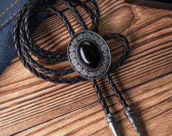 ボロタイ、サウスウェスタン風ブラックストーンボロタイ、ボロタイ - 夫へのGIF、レザーコード付きボロタイ、ウェスタンカウボーイネクタイ、結婚祝い