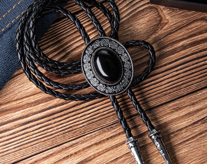 Bolo Tie, Southwestern Black Stone Bolo Tie, Bolo Tie - Gif for Husband, Bolo Tie with Leather Cord, Western Cowboy Ties, Wedding Gifts