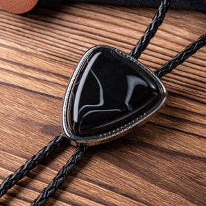 Wedding Bolo Tie, Women&#39;s Bolo Tie with Leather Cord, Handmade Black Stone Bolo Tie - Gifts for Her, Women&#39;s Necklace, Anniversary Gifts