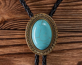 Gravata Bolo Retro Feita à Mão: Pedra Estilo Turquesa, Cordão de Couro