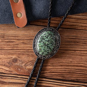 Wedding Bolo Tie - Western Gifts for Him, Cowboy Bolo Tie, Leather Necktie Accessories Black Necklace, Green Stone Bolo Tie, Wedding Gifts