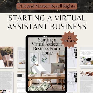 Pode incluir: Um produto digital intitulado "Starting a Virtual Assistant Business" com 35 páginas. A imagem mostra um tablet exibindo a capa do produto, com uma cena de escritório em casa. O texto "PLR and Master Resell Rights" está no topo.
