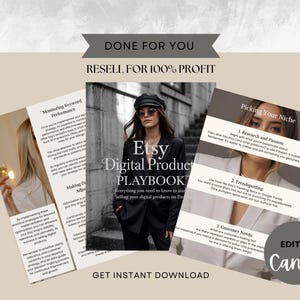 May include: An Etsy Digital Product Playbook graphic with the text "Done For You" and "Resell for 100% Profit." The image features a woman in a black suit and text that says "Etsy Digital Product Playbook".