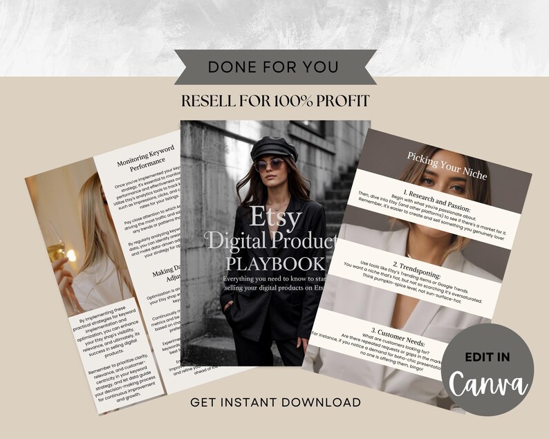 May include: An Etsy Digital Product Playbook graphic with the text "Done For You" and "Resell for 100% Profit." The image features a woman in a black suit and text that says "Etsy Digital Product Playbook".