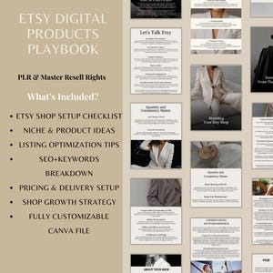 May include: A digital product playbook for Etsy sellers. The image features the text "ETSY DIGITAL PRODUCTS PLAYBOOK" and "PLR & Master Resell Rights." Included are checklists, niche ideas, listing optimization tips, SEO keywords, pricing, and shop growth strategies. The file is fully customizable.