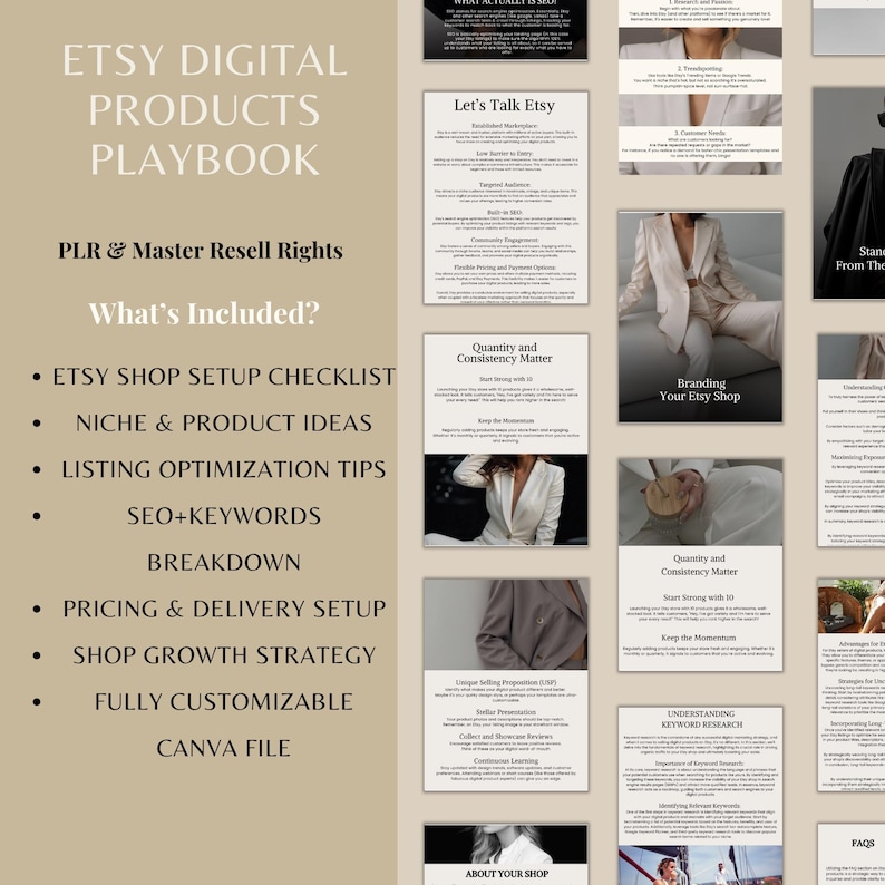 May include: A digital product playbook for Etsy sellers. The image features the text "ETSY DIGITAL PRODUCTS PLAYBOOK" and "PLR & Master Resell Rights." Included are checklists, niche ideas, listing optimization tips, SEO keywords, pricing, and shop growth strategies. The file is fully customizable.