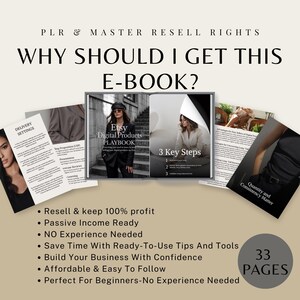 May include: An e-book cover with the title "Etsy Digital Products Playbook" is displayed, along with the text "Why Should I Get This E-Book?" and bullet points listing benefits like "Resell & keep 100% profit." The image also includes the text "33 Pages."