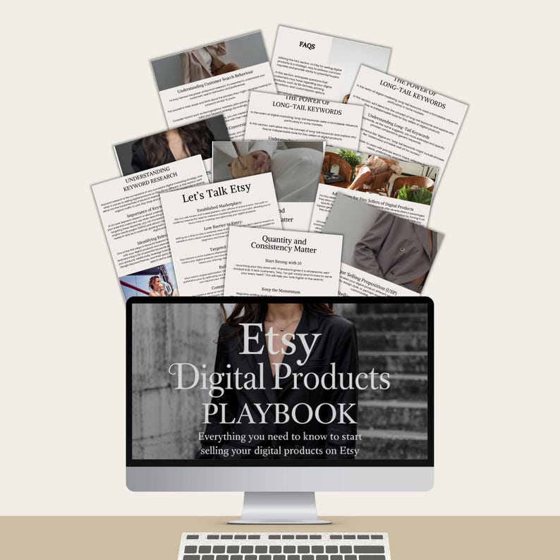 May include: A computer monitor displaying the title "Etsy Digital Products PLAYBOOK" with the tagline "Everything you need to know to start selling your digital products on Etsy." Several informational pages are arranged around the monitor.