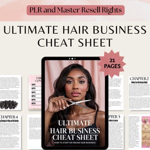 Könnte beinhalten: Ein digitales Tablet mit dem Text "ULTIMATE HAIR BUSINESS CHEAT SHEET" und dem Untertitel "HOW TO START AN ONLINE HAIR BUSINESS". Das Bild zeigt eine Frau, die eine Schere hält, mit zusätzlichen Seiten und einer Sternburst-Grafik mit der Aufschrift "21 PAGES".