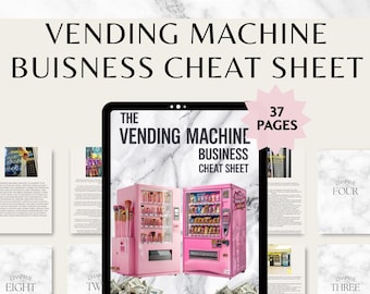 May include: A digital product titled "Vending Machine Business Cheat Sheet" with the text "PLR and Master Resell Rights." The image shows a tablet displaying the cheat sheet, featuring pink vending machines and dollar bills. The product has 37 pages.