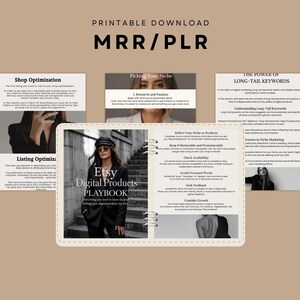 May include: A digital product playbook with the title "Etsy Digital Products PLAYBOOK" is displayed on a beige background. The image includes text about shop optimization, picking a niche, and long-tail keywords. The cover features a woman in a black suit.