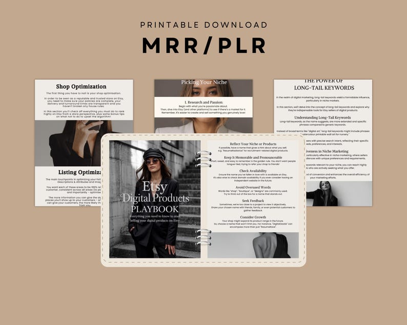 May include: A digital product playbook with the title "Etsy Digital Products PLAYBOOK" is displayed on a beige background. The image includes text about shop optimization, picking a niche, and long-tail keywords. The cover features a woman in a black suit.