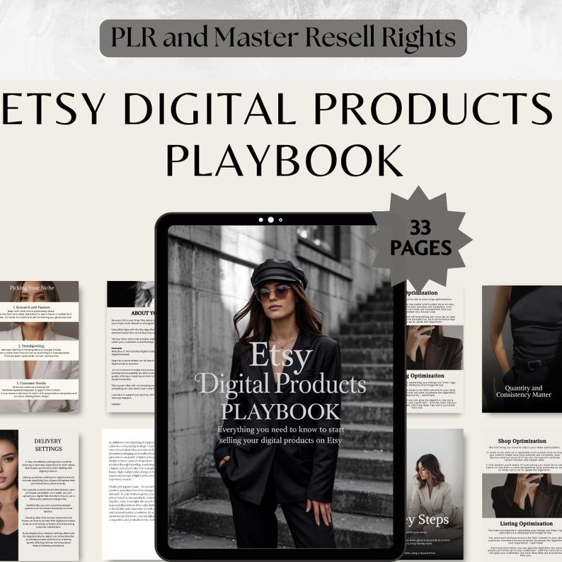 May include: An Etsy Digital Products Playbook with 33 pages, featuring a woman in a black suit and hat. The image includes the text "Etsy Digital Products Playbook" and "Everything you need to know to start selling your digital products on Etsy."