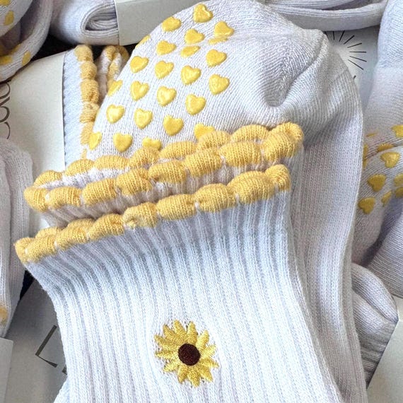 Yellow Sunflower Pilates Grip Socks: Embroidered Yoga Barre Socks
