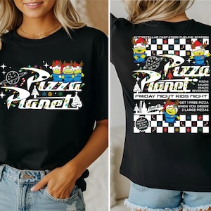 The image is a collage of two photos featuring a woman wearing a black t-shirt with a design related to the popular animated movie franchise, Pizza Planet.