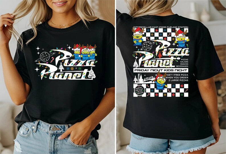 The image is a collage of two photos featuring a woman wearing a black t-shirt with a design related to the popular animated movie franchise, Pizza Planet.