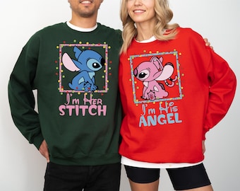I'm Her Stitch I'm His Angel Christmas Sweatshirt, Disney Family Matching Shirt, Disney Stitch Merry Xmas Tee, Funny Disney Matching Shirts