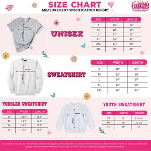 The image is a size chart for two types of sweatshirts: a toddler sweatshirt and a youth sweatshirt. The chart provides measurements for different sizes, including S, M, L, XL, XXL, and YM, along with corresponding widths and lengths. The chart also includes the text "Size Chart Measurement Specification Report" and "Unisex Sweatshirt" to describe the chart.