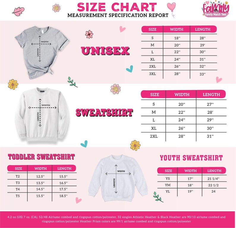 The image is a size chart for two types of sweatshirts: a toddler sweatshirt and a youth sweatshirt. The chart provides measurements for different sizes, including S, M, L, XL, XXL, and YM, along with corresponding widths and lengths. The chart also includes the text "Size Chart Measurement Specification Report" and "Unisex Sweatshirt" to describe the chart.