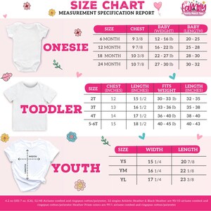 The image is a size chart for children's clothing, including sizes for onesies, toddler shirts, and youth shirts. It provides measurements for chest, waist, and length, along with corresponding fit and weight information. The chart is designed to help parents and caregivers determine the appropriate size for their child based on their measurements.