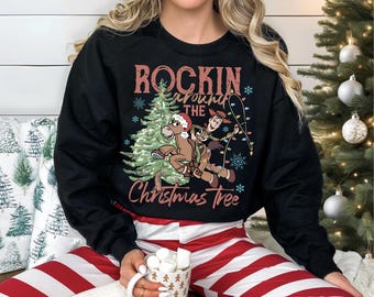 Toy Story Rocking Around The Christmas Tree Sweatshirt, Disney Christmas Shirt, Xmas Toy Story Woody and Bullseye Sweater, Xmas Matching Tee
